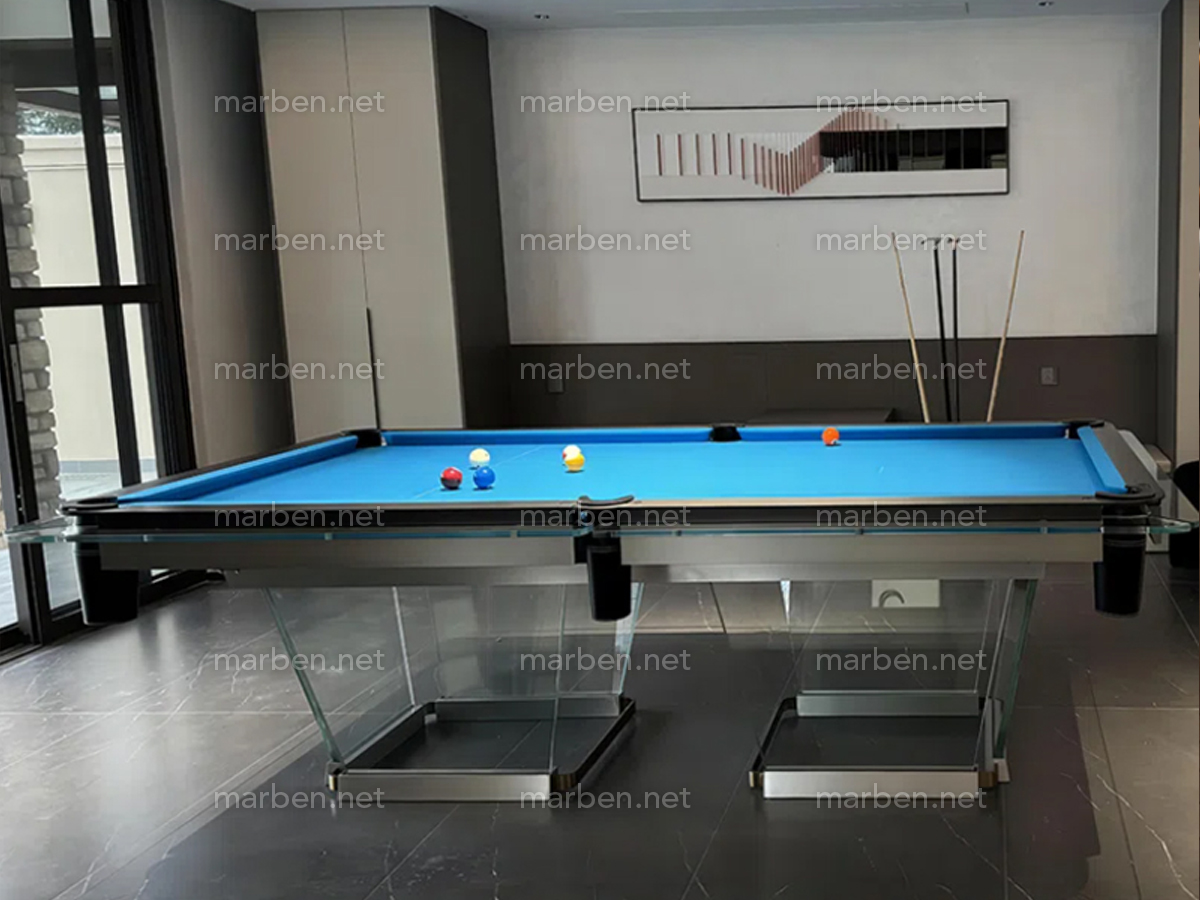 MESA DE BILLAR LUXURY GLASS2,  DE CRISTAL TEMPLADO ESTRUCTURA DE ACERO INOXIDABLE, 7FT ó 8FT